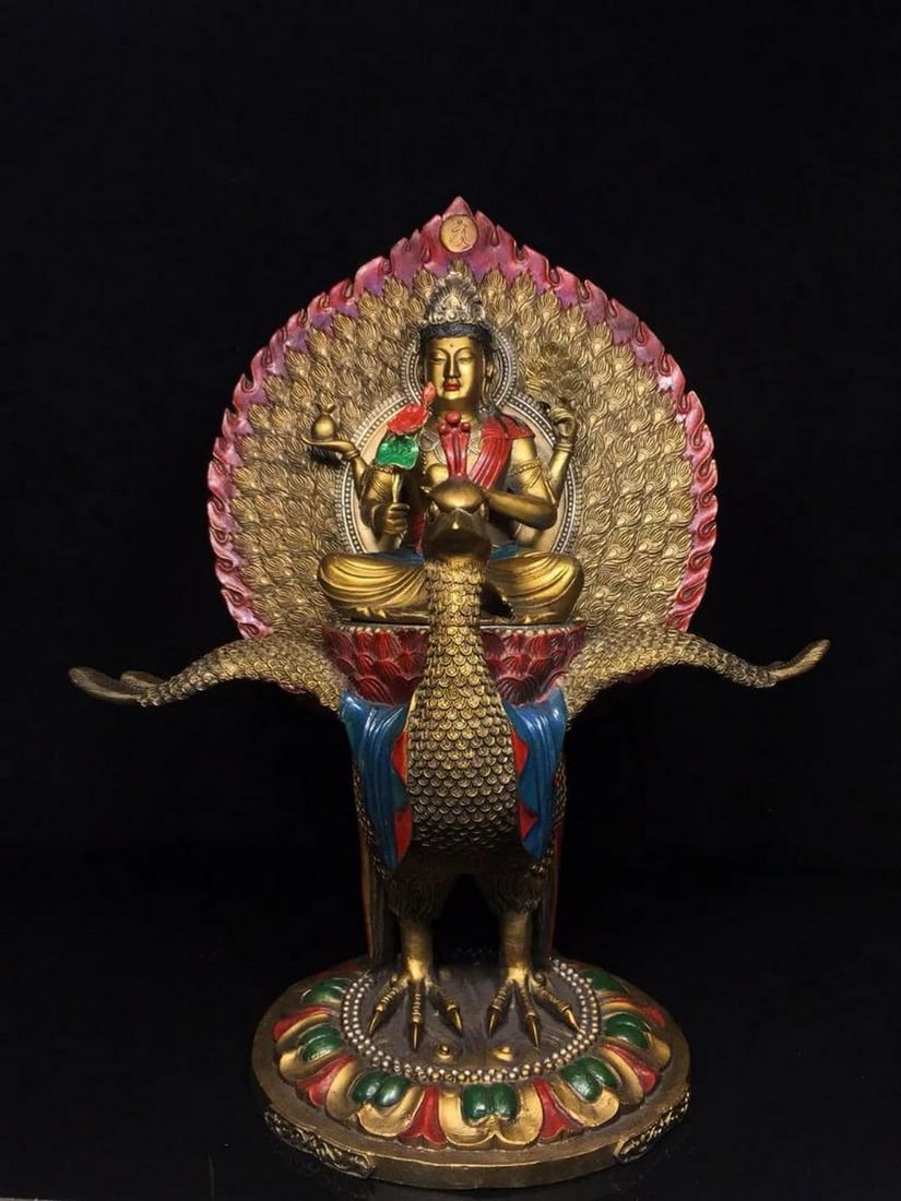 Chinese Antique Handmade Pure Copper Painted Peacock King Buddha Statue: Chinese Antique Handmade Pure Copper Painted Peacock King Buddha Statue An exquisite and rare Chinese antique statue depicting the Peacock King Buddha, meticulously handmade from pure copper and adorn