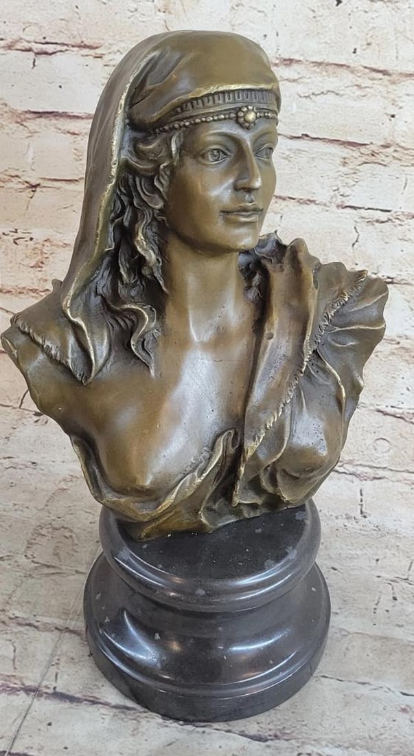 Signed Original Beautiful Maiden Semi Nude Bust Bronze Sculpture Marble Statue - 10lbs: The beautiful maiden bust shows, upon her delicate face, the subtlety of expression that transfers a great deal of emotionalism and realism. Her head falls in a sullen silence amidst the spinning of t