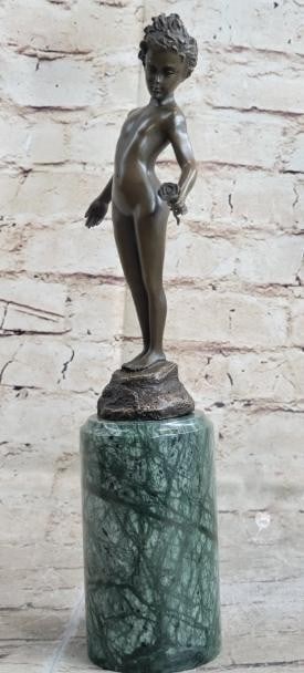 Innocence in Bloom Bronze Sculpture: Innocence in Bloom Bronze Sculpture This delicate reproduction bronze sculpture, bearing the signature of artist Milo, captures the timeless elegance of Art Deco and Nouveau influences. The piece feat