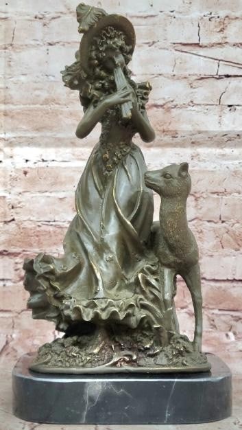 Harmony in Nature: Bronze Girl with Flute and Deer: Harmony in Nature: Bronze Girl with Flute and Deer Graceful and serene, this enchanting bronze sculpture depicts a young girl playing the flute beside a gentle deer, evoking a moment of pure harmony b
