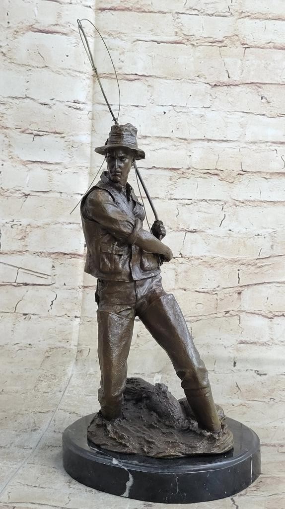 Man Fishing Bronze Sculpture on Marble Base by Thomas - 16'' x 8'': Man Fishing Bronze Sculpture on Marble Base by Thomas - 16" x 8" This bronze sculpture depicts a man fishing with a simple rod, capturing a moment of focus and balance as he stands engaged with 
