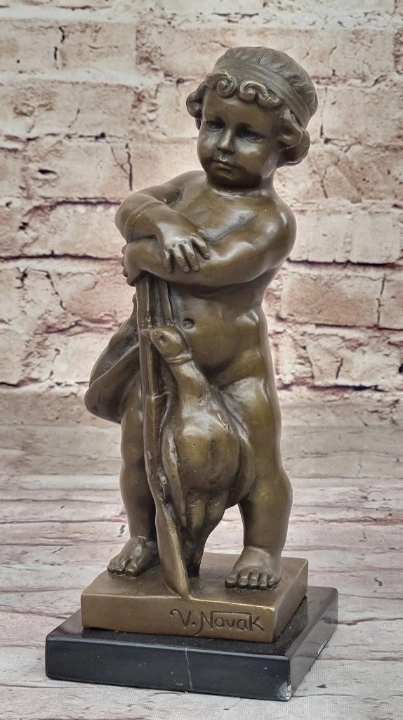 Child with Duck Bronze Sculpture on Marble Base in the Style of V. Novak - 9.5'' x 4'': Child with Duck Bronze Sculpture on Marble Base in the Style of V. Novak - 9.5" x 4" This bronze sculpture depicts a child interacting with a duck while holding a rifle, combining narrative elem