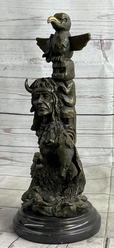 Original Bronze Sculpture of Chief, Scout, and Wolf by Milo - 13'' x 5.5'': Original Bronze Sculpture of Chief, Scout, and Wolf by Milo - 13" x 5.5" In a tale woven through legend, the Indian and wolf shared a profound harmony, their spirits aligning not only in life bu