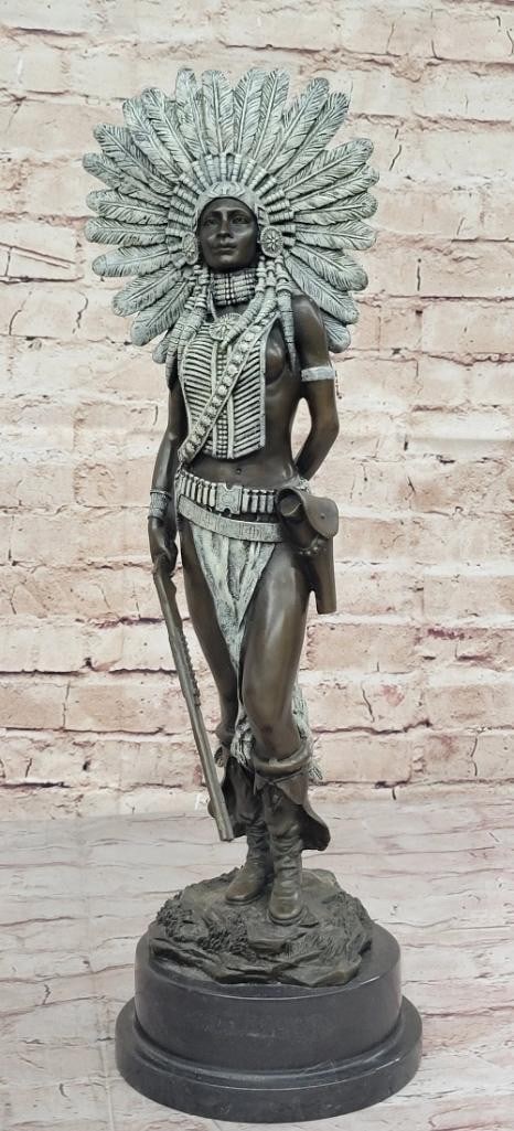 Warrior Girl in Green Patina Feathered Headdress Bronze Statue - 18'' x 6'': Warrior Girl in Green Patina Feathered Headdress Bronze Statue - 18" x 6" A fierce Native American women prepares to hunt. She stands tall with bravery, silent confidence and stunning beauty on 
