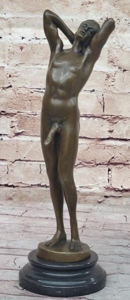 Defined Desire: Erotic Nude Male Bronze Sculpture: Defined Desire: Erotic Nude Male Bronze Sculpture This bold and expressive bronze sculpture features a nude male model in a confident, erotic pose that highlights the strength and sensuality of the ma