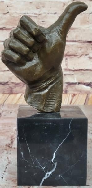 Affirmation Thumbs-Up Bronze Sculpture: Affirmation Thumbs-Up Bronze Sculpture Surreal and symbolic, this is a striking bronze sculpture of a thumbs-up, crafted in a bold, minimalist form and mounted on a sleek marble base. Bearing the sign