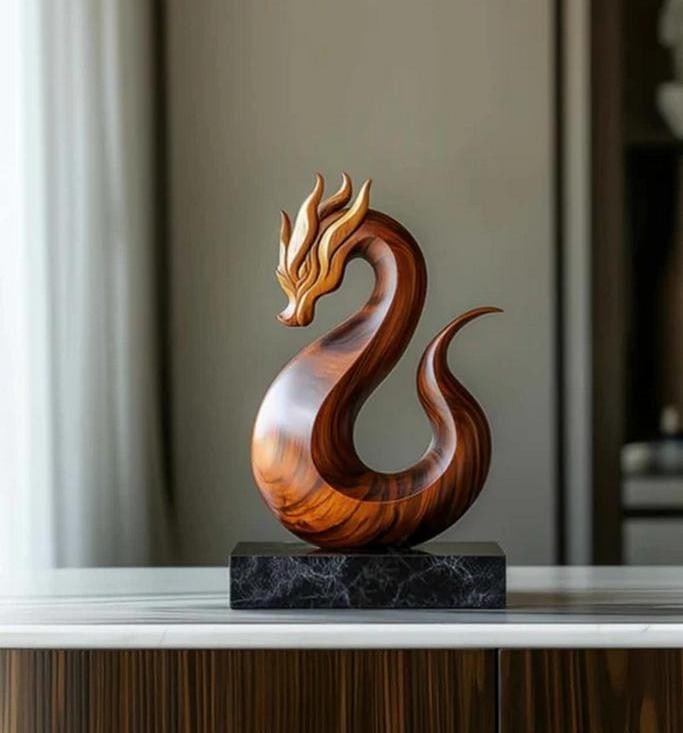 Hand-Carved Wooden Dragon Sculpture with Golden Accents: Hand-Carved Wooden Dragon Sculpture with Golden Accents Striking and majestic, this artisan-crafted wooden dragon sculpture captures a fluid sense of movement and elegance. The dragon's sleek, sinuous