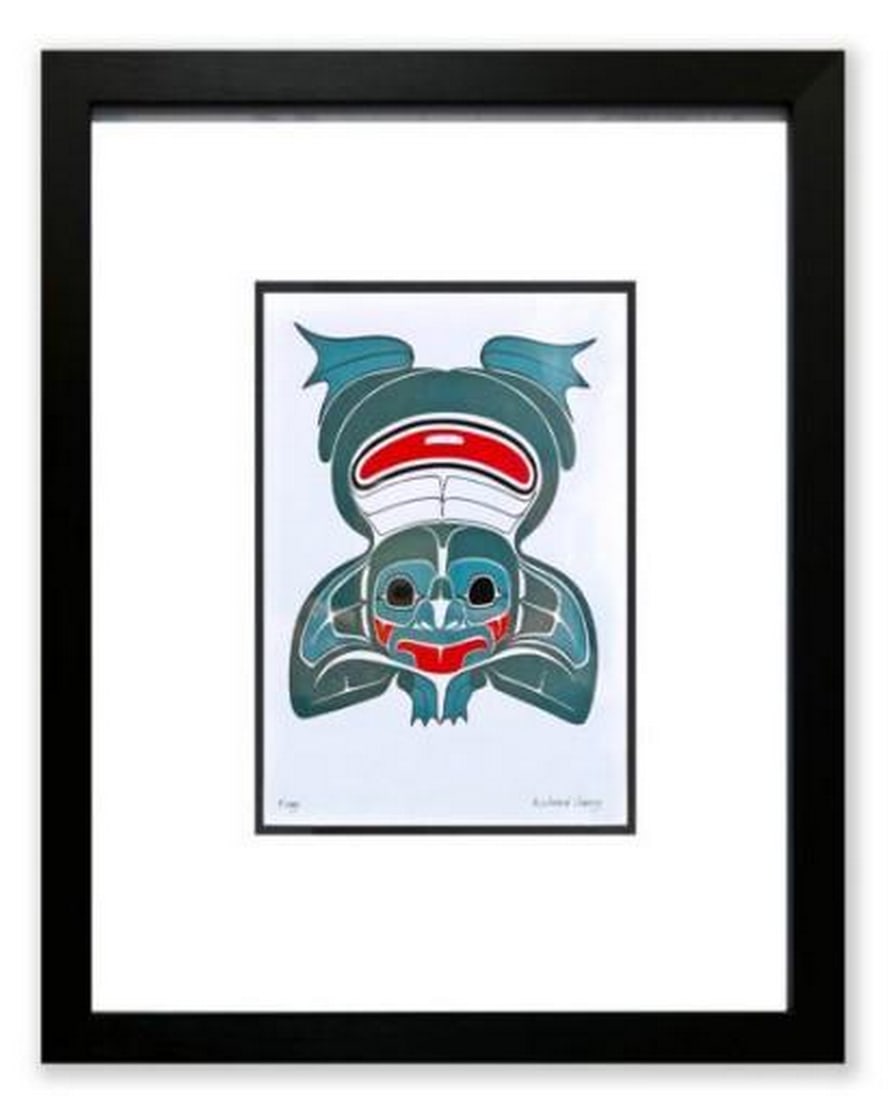 Leap Of Renewal Print: Leap Of Renewal Print. In this captivating artwork, artist Richard Shorty portrays a frog diving, which can symbolizing transformation, renewal, and the fluidity of life’s cycles. The frog’s leap