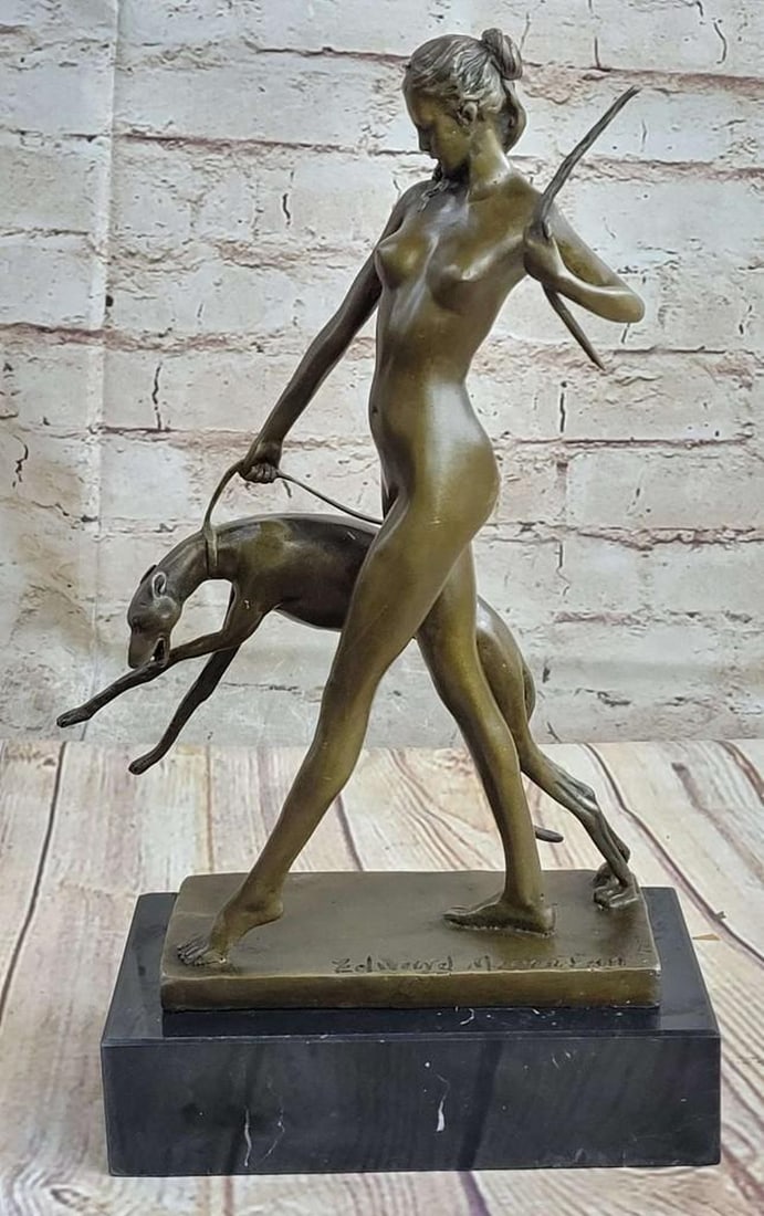 McCartain Inspired Diana The Hunter & Fierce Dog Bronze Sculpture- 12"x 9": McCartain Inspired Diana The Hunter & Fierce Dog Bronze Sculpture- 12"x 9" Standing tall and nude this bronze sculpture of “Diana the Hunter” was handmade and casted using the “L