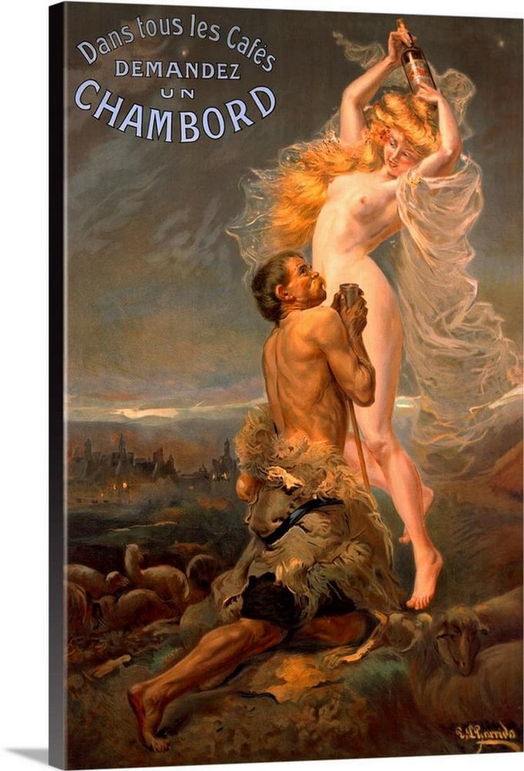Chambord – Vintage Poster Canvas Reproduction by Pinrrido: Chambord – Vintage Poster Canvas Reproduction by Pinrrido This striking vintage poster, Chambord by Pinrrido, features a bold and evocative scene of a man pleading with a nude woman for a taste of t