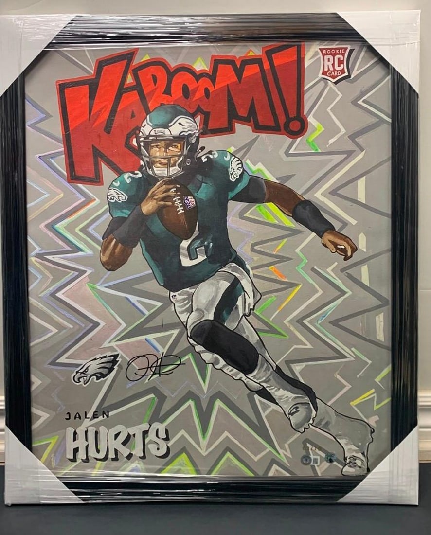 Jalen Hurts Print With Signature Kaboom Rookie Card- Gold Limited Edition With Black Frame: Authentic Jalen Hurts Print With Signature Kaboom Rookie Card Gold Limited Edition With Black Frame, 3 of 10 Beckett COA - 20" x 24" Art. This Is An Authentic Jalen Hurts Autographed Piece of 