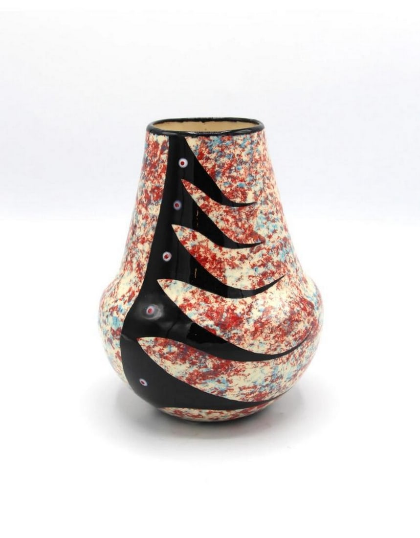 Multicolor Small Water Vase by Veran Pardeahtan: Multicolor Small Water Vase by Veran Pardeahtan Veran's Ceremonial Black Rim Pottery designs are unique expressions of the rich heritage of North American Indigenous culture. The symbols, often