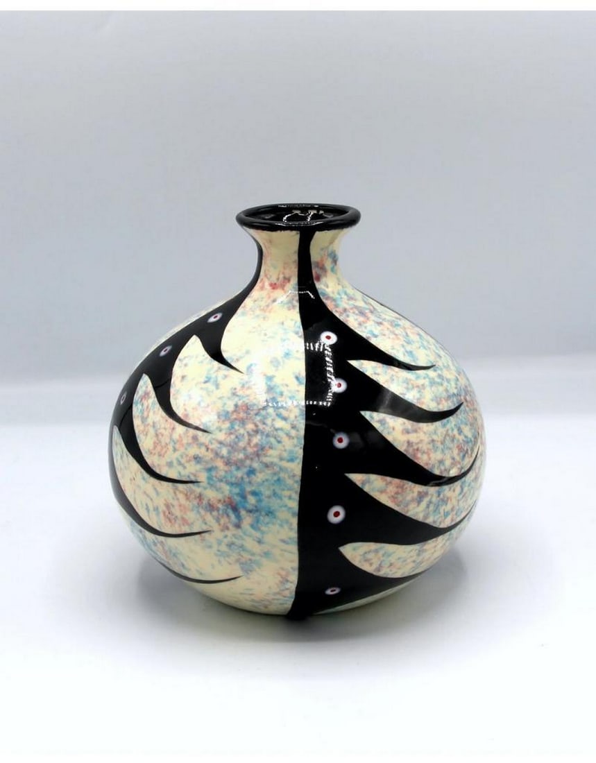 Alberta Clay Multicolor Bubble Vase: Alberta Clay Multicolor Bubble Vase Veran's Ceremonial Black Rim Pottery designs are a unique expression of the rich heritage of North American Indian culture. Featuring symbols that often depict