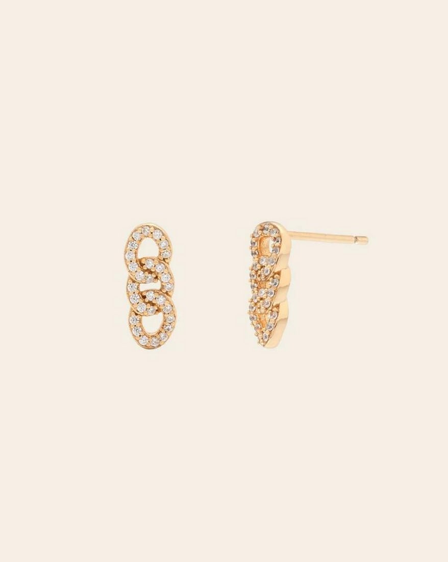 14k Vermeil Gold Plated Women's Pave Chain Studs: 14k Vermeil Gold Plated Women's Pave Chain Studs These 14K vermeil gold-plated pave chain studs offer a stunning blend of modern elegance and sparkling sophistication. Featuring a chain-inspired