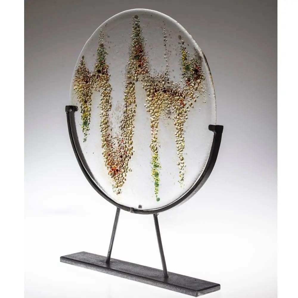 Earth' Inlaid Glass Sculpture by Sigi Hill: 'Earth' Inlaid Glass Sculpture by Sigi Hill This sculptural disc boasts richly textured surfaces and deeply ingrained colorations that bring energy and vibrancy to any space. It pairs beautifu