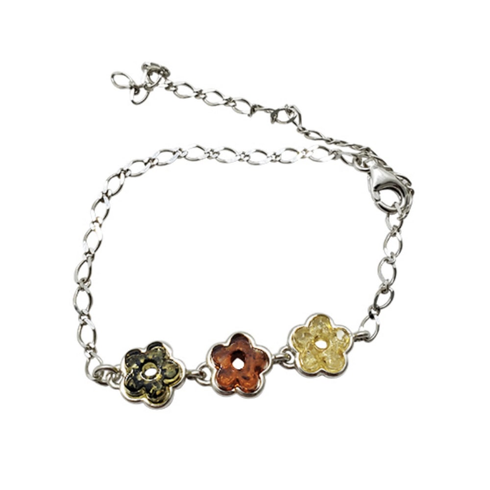 Tri-Color Amber Flower Sterling Silver Bracelet: Tri-Color Amber Flower Sterling Silver Bracelet Each delicately crafted flower is adorned with three distinct shades of amber – from the warm tones of honey to the rich hues of cognac and the subtle