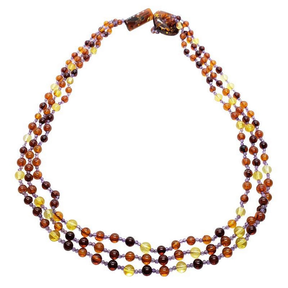 15" Multi-Color Amber / Amethyst Design Necklace / Amber -25: Multi-Color Amber / Amethyst Design Necklace. Cherry, cognac, citrine amber, and amethyst are set on a durable string. The 15? long necklace has a .925 sterling silver clasp. Specifications WEIGHT-128