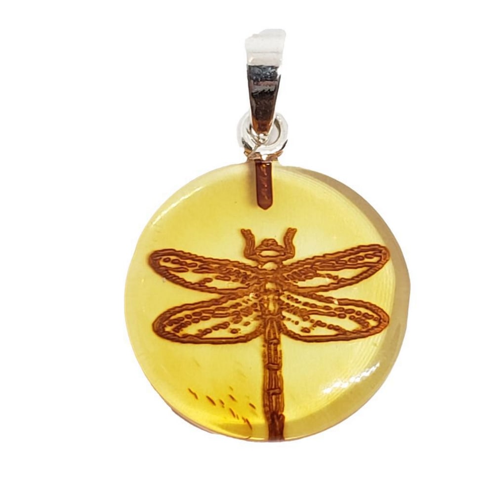 Cognac Amber Dragonfly intaglio Pendant: Cognac Amber Dragonfly intaglio Pendant This captivating pendant showcases a beautifully detailed dragonfly intaglio, expertly carved into rich cognac amber. The amber's warm, golden hues enhance 