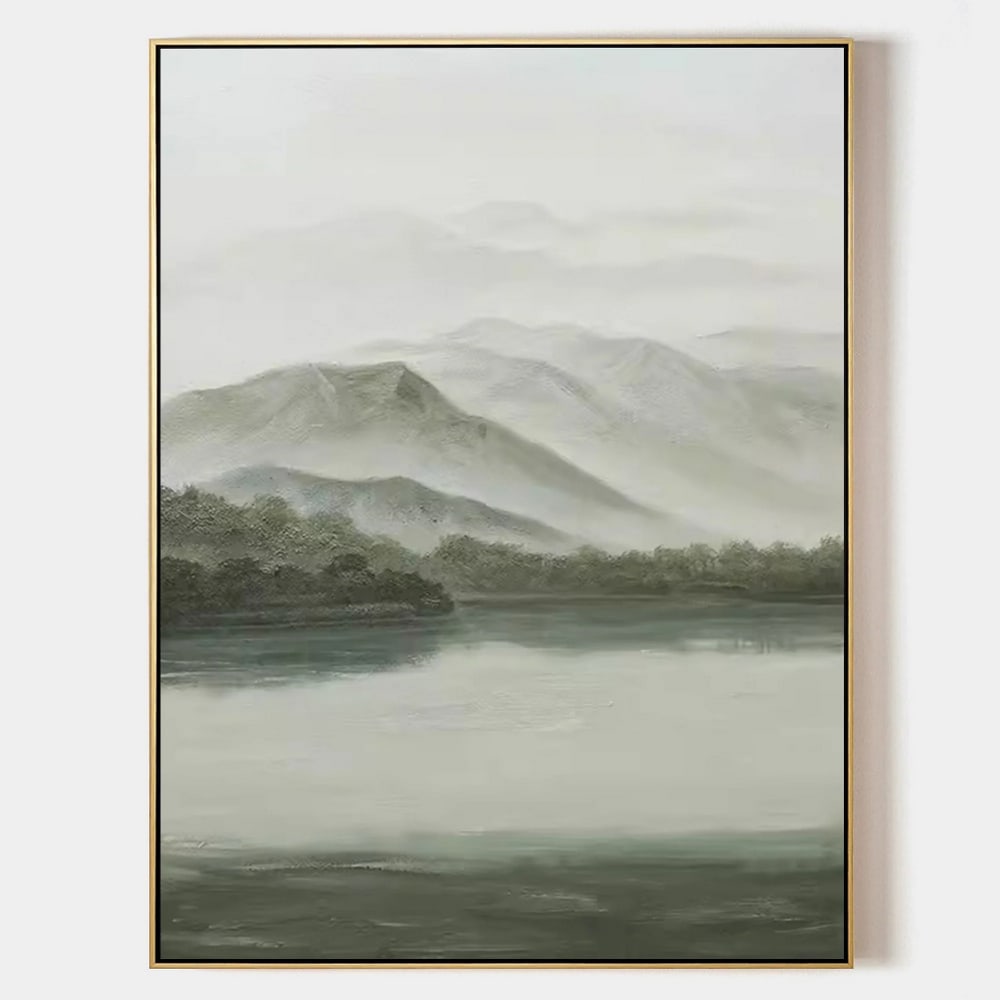 Tranquil Gray & Green Landscape Oil Canvas Painting (1 of 3)