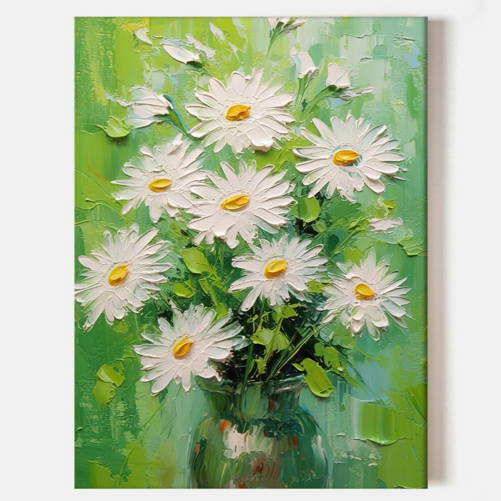 Daisies in a Vase Colorful Oil Canvas Original Painting: Daisies in a Vase Colorful Oil Canvas Original Painting "Daisies in a Vase" is a vibrant oil painting that brings the timeless beauty of fresh flowers to life. The colorful blooms, delicately 