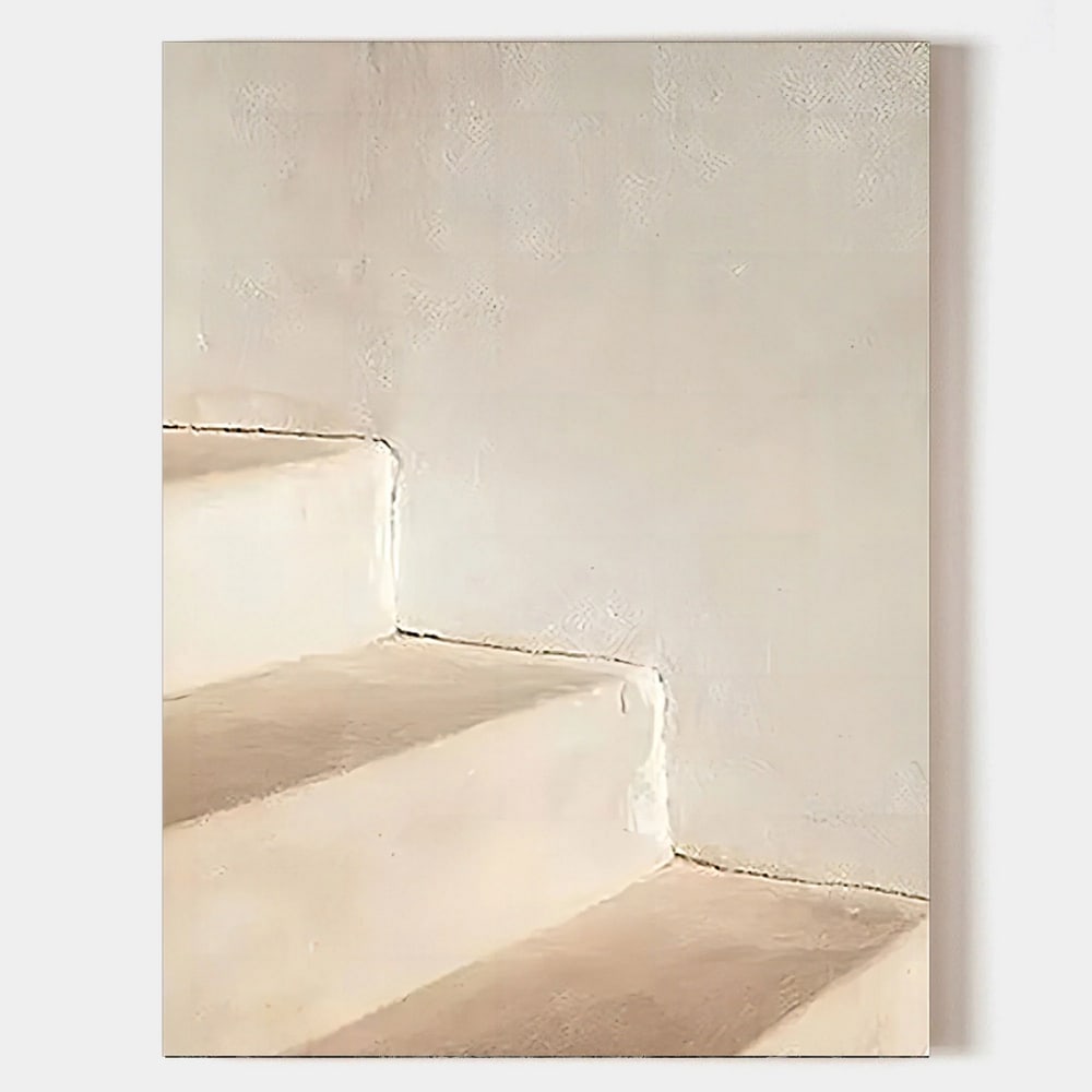 3D Abstract Beige Stair Wasabi-Sabi Inspired Canvas Painting: 3D Abstract Beige Stair Wasabi-Sabi Inspired Canvas Painting This 3D abstract canvas painting features beige stair-like forms inspired by Wabi-Sabi aesthetics. Its minimalist design and textured detai