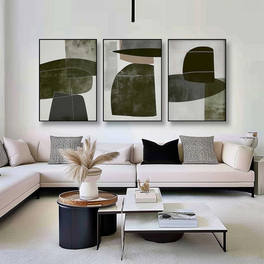 Set of 3 Green Abstract Minimalist Canvas Art Painting (1 of 5)