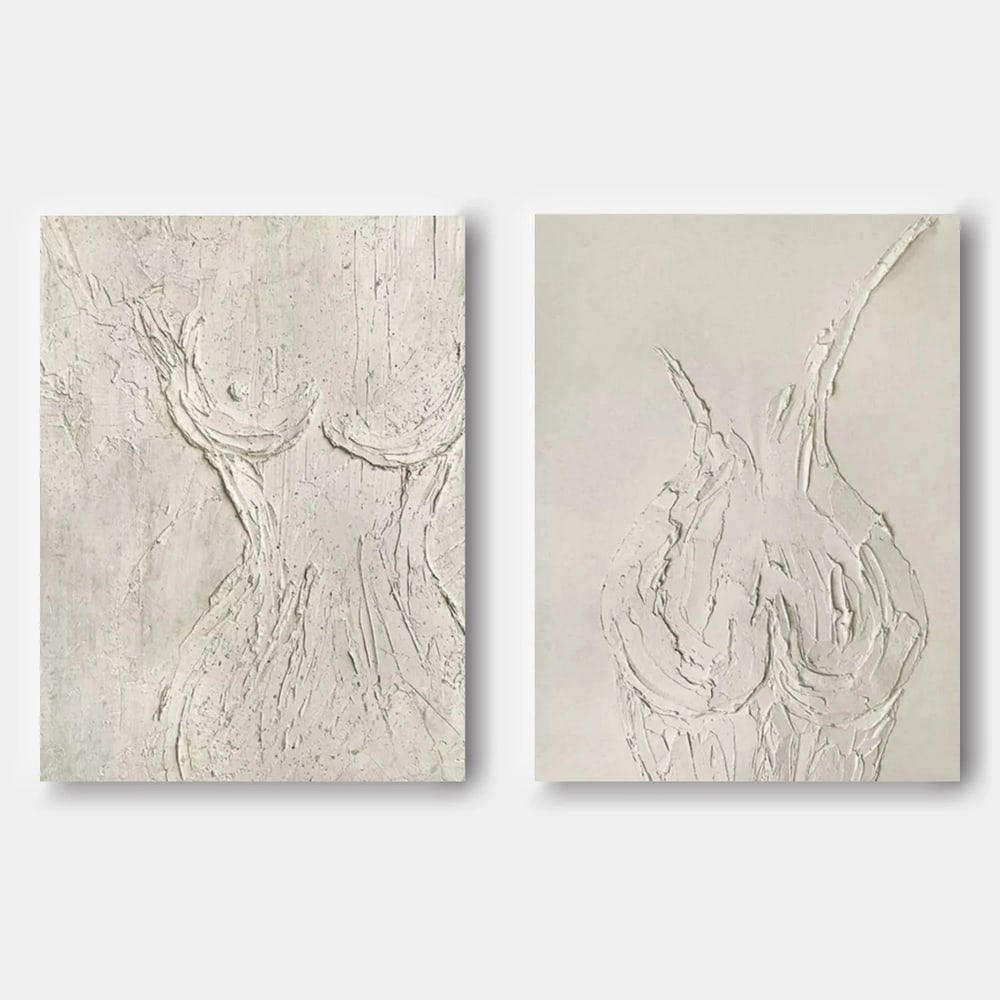 Set of 2 "Essence in White" Abstract Nude Canvas Original Painting: Set of 2 "Essence in White" Abstract Nude Canvas Original Painting Gracefully minimalist, this set of two abstract canvas paintings captures the delicate essence of the female form in soft whi