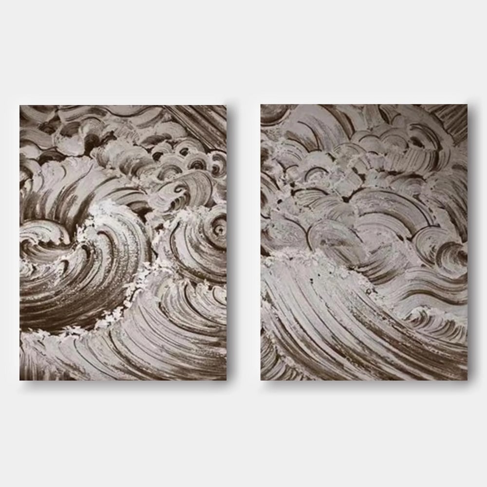 Set of 2 Neutral Tone Abstract Ocean Waves Original Canvas Painting: Set of 2 Neutral Tone Abstract Ocean Waves Original Canvas Painting Capture the serene beauty of the sea with this set of two abstract canvas paintings. Soft, neutral tones blend effortlessly to depic