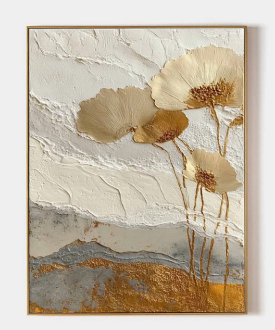 Harmony in Gold Canvas Painting: Harmony in Gold Canvas Painting This sophisticated painting showcases golden flowers rising gracefully from a muted, textured backdrop. Their luminous petals and slender stems stand out against a pale