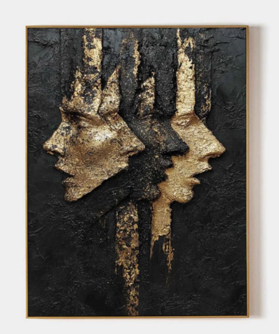 Evolving Faces Canvas Painting: Evolving Faces Canvas Painting This painting features a striking composition of three overlapping human profiles, each turned to the right. Rendered in textured metallic gold against a dark, nearly bl