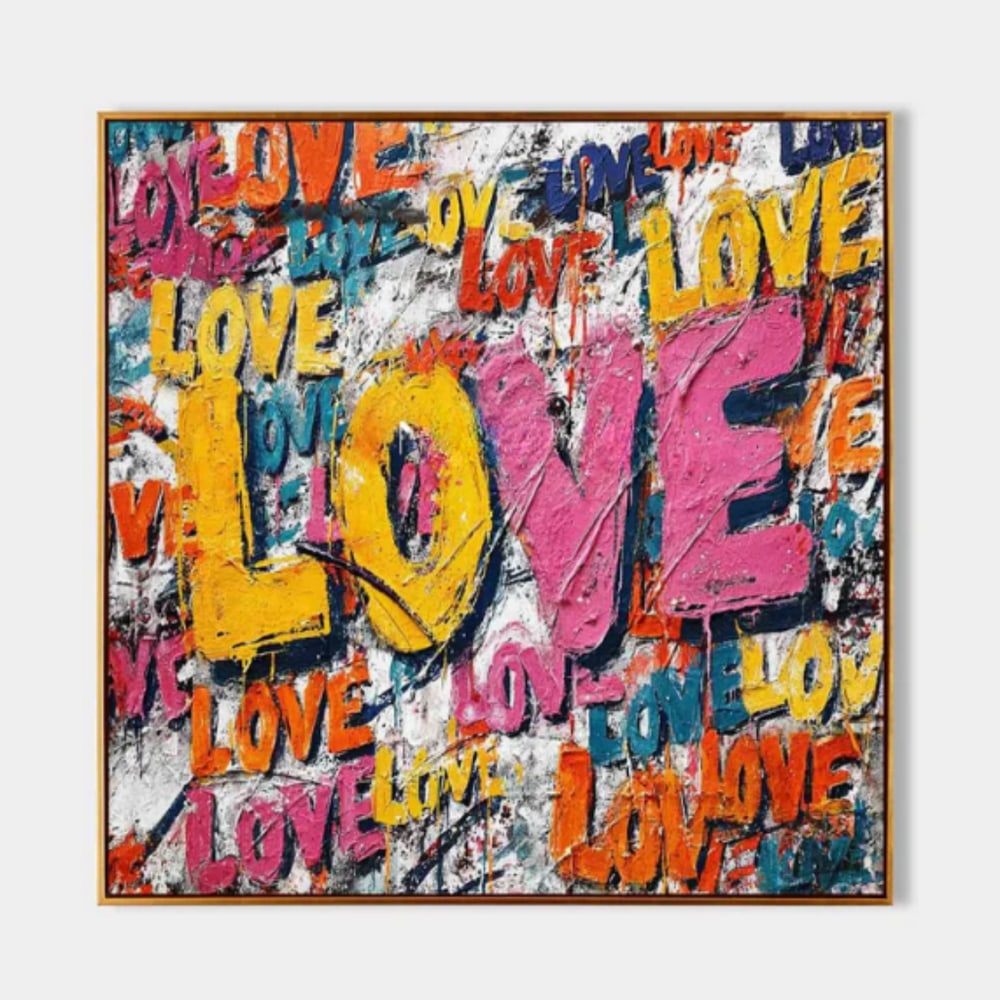 Explosion of Love Canvas Painting: Explosion of Love Canvas Painting This dazzling artwork erupts with energy and emotion, placing the word “LOVE” front and center in bold, vibrant hues—yellow, pink, and blue—like a neon de