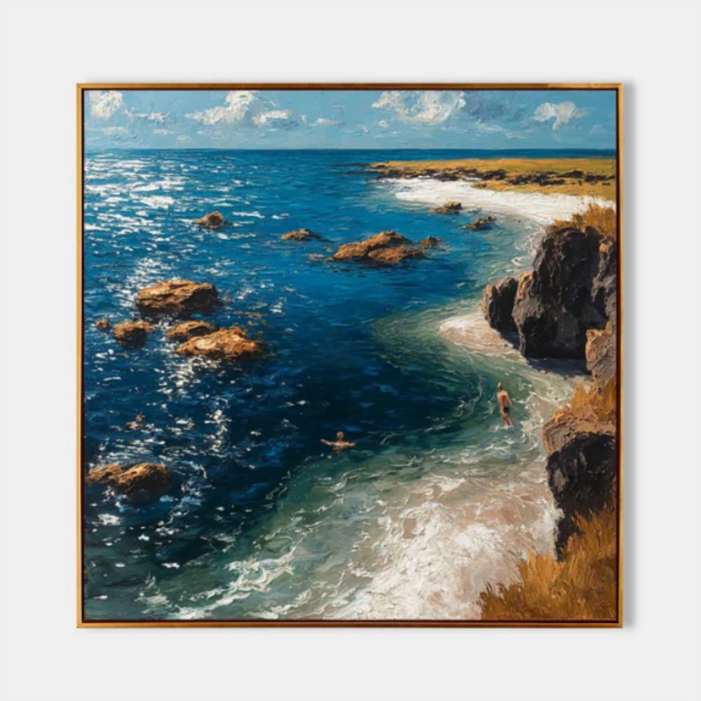 Coastal Serenity Canvas Painting: Coastal Serenity Canvas Painting This tranquil seascape captures the quiet beauty of a coastal day. A gentle shoreline unfurls at the bottom of the painting, where soft waves kiss the sand, inviting c
