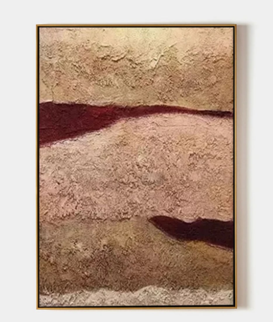 Earthly Layers Abstract Textured Painting: Earthly Layers Abstract Textured Painting This image features an abstract painting with textured horizontal layers of varying colors and textures, resembling geological strata. The blend of beige, dee