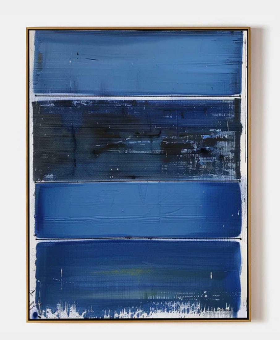 Layers of Blue Abstract Canvas Painting: Layers of Blue Abstract Canvas Painting This painting presents a captivating interplay of deep and rich blue tones, layered horizontally with textured brushstrokes. A lighter blue graces the top, whil