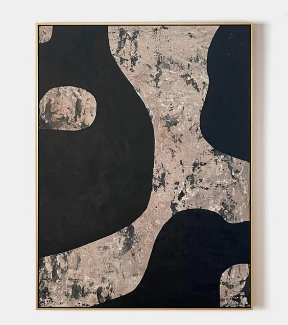 Monochrome Lines Abstract Canvas Painting: Monochrome Lines Abstract Canvas Painting This artwork speaks in contrasts—bold, fluid black shapes disrupt the stillness of a textured beige background. The interplay of sharp edges and organic mov