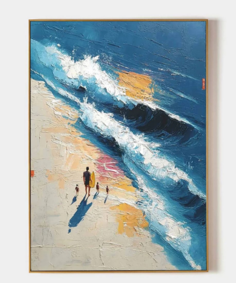 Tides of Togetherness Pop Art Canvas Painting: Tides of Togetherness Pop Art Canvas Painting A gentle shoreline cradles a solitary adult and three children, their footprints tracing memories in the golden sand. Surfboard in hand, the figure leads 