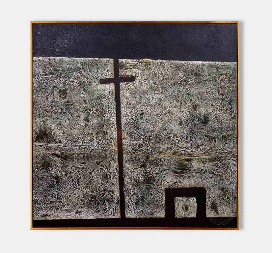 Echoes of Contrast Textured Canvas Painting: Echoes of Contrast Textured Canvas Painting This abstract painting presents a dynamic interplay between darkness and light, with a textured backdrop of layered gray, white, and black hues. Two