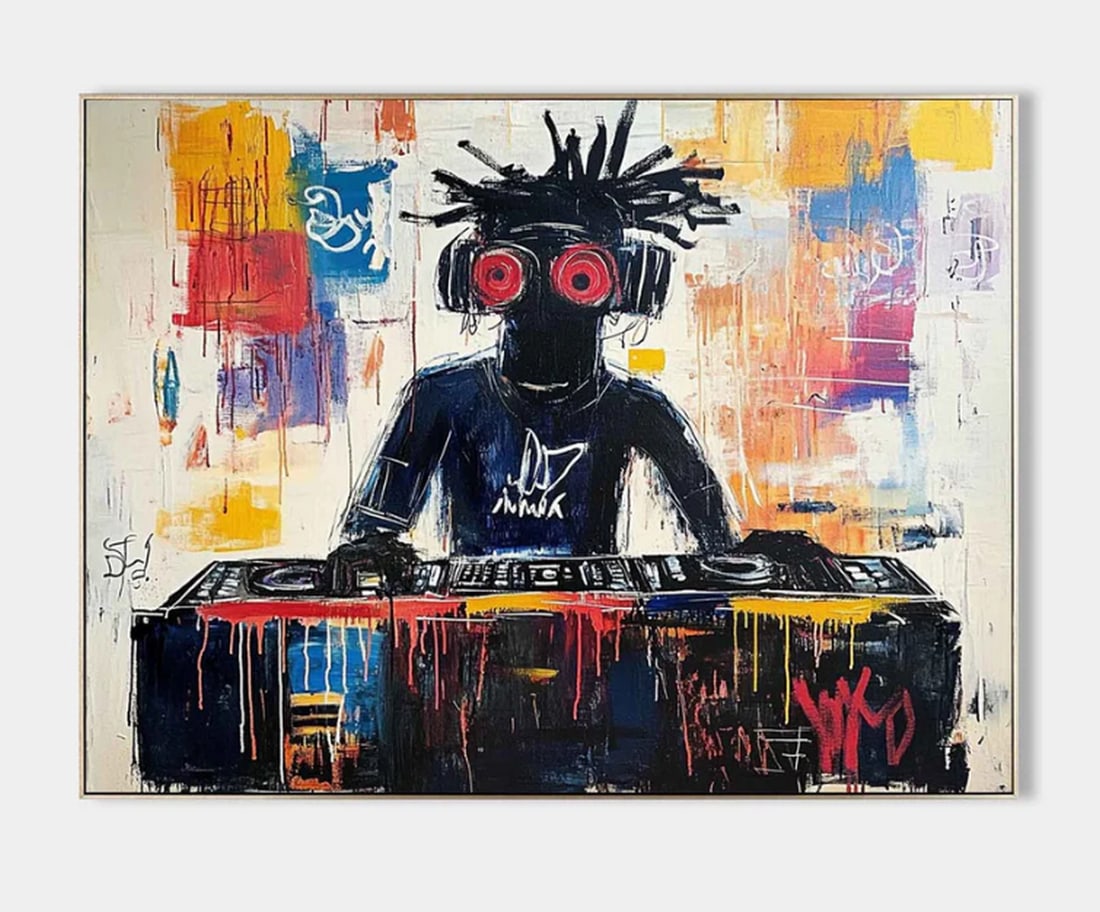 "The DJ's Vibe" Pop Art Style Painting: "The DJ's Vibe" Pop Art Style Painting This bold painting captures a DJ deep in the music, wearing striking red headphones and commanding a mixing console. The background bursts with