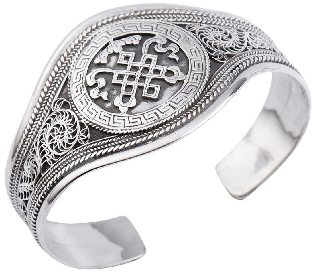 Eternal Harmony – Ashtamangala Endless-Knot Sterling Silver Cuff (Adjustable): Eternal Harmony – Ashtamangala Endless-Knot Sterling Silver Cuff (Adjustable) This sterling silver cuff bracelet features the Endless Knot, one of the Eight Auspicious Signs (Ashtamangala), symboliz