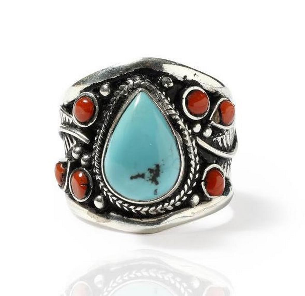 Turquoise Adjustable Ring with Coral Gemstones (1 of 3)