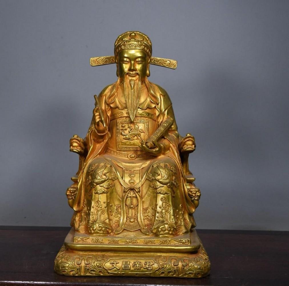 Antique Chinese Copper Gilt Wenchang Emperor Statue: Antique Chinese Copper Gilt Wenchang Emperor Statue A rare and finely handcrafted Wenchang Emperor statue, made from pure copper with a refined gilt finish. Revered as the deity of wisdom, literature,