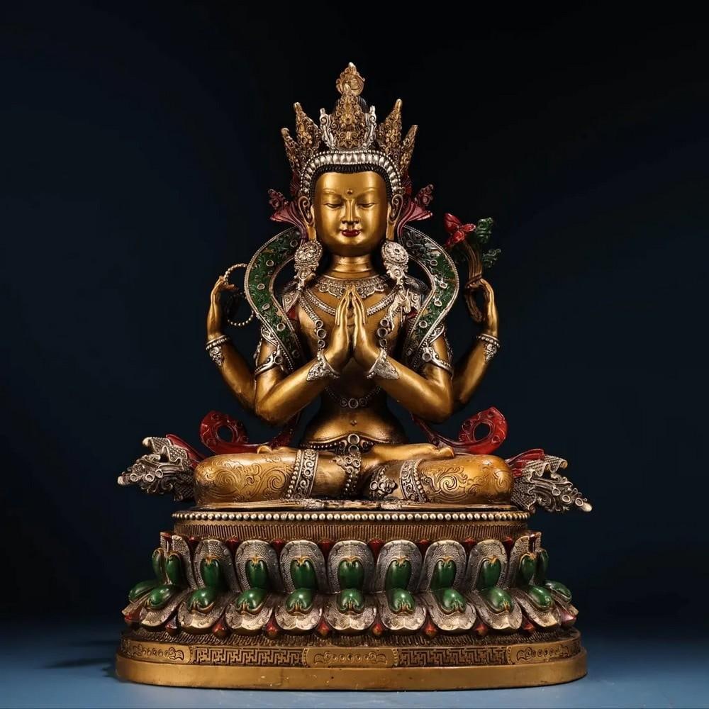 Chinese Antique Handmade Pure Copper Painted Gold Four-Armed Guanyin Buddha Statue (1 of 7)