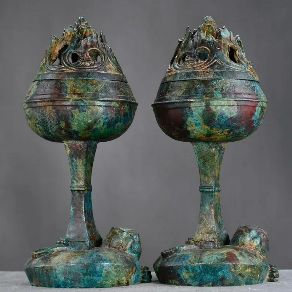 Pair of Rare Bronze Crouching Tiger Incense Burner Statues (1 of 8)