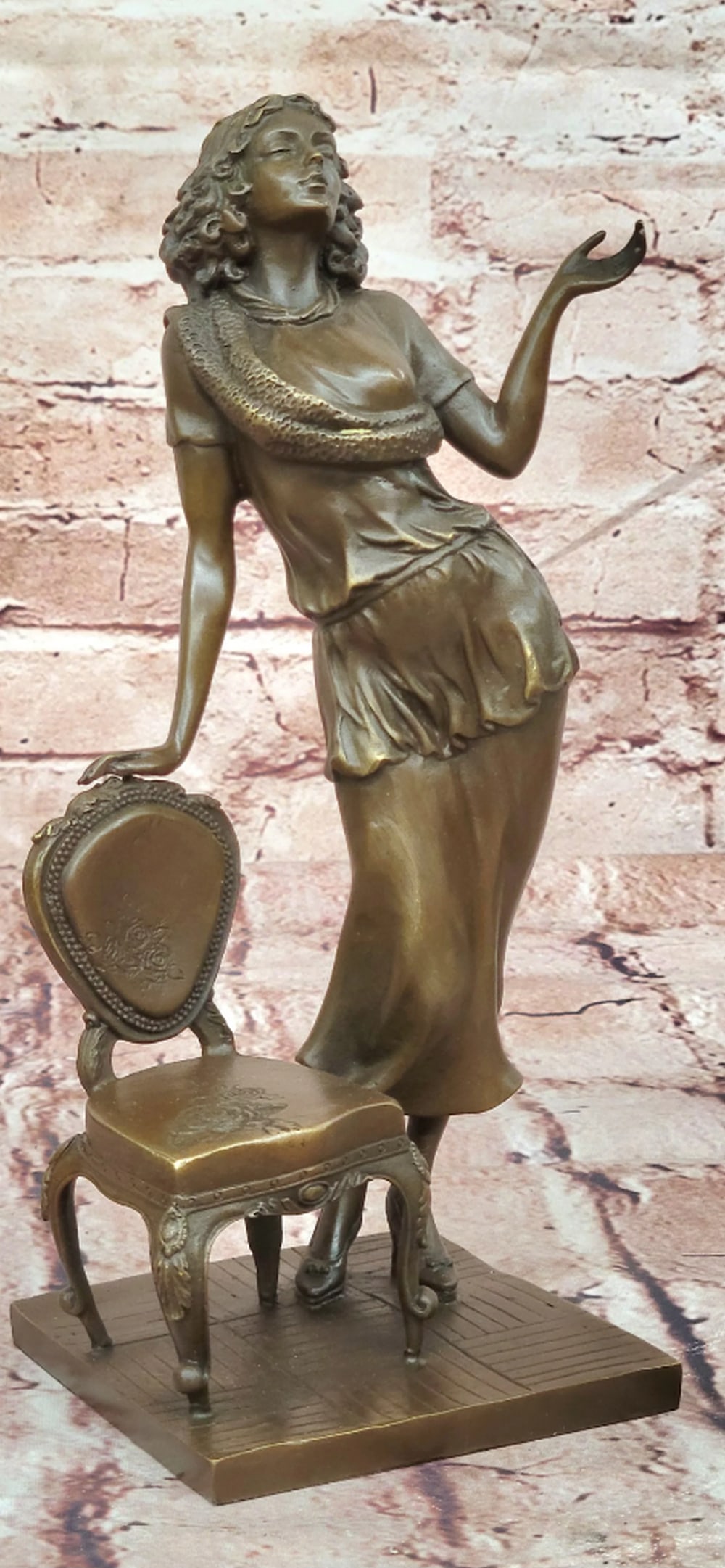 Bronze Flapper Woman Sculpture Art Deco Chair Statue - 10.5" x 7": Bronze Flapper Woman Sculpture Art Deco Chair Statue - 10.5" x 7" Introducing an Elegant Art Deco Bronze Sculpture: This beautiful depiction of a flapper woman seated gracefully in a chair cap