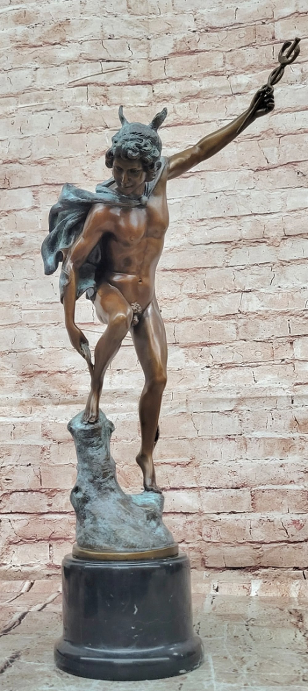 Giambologna Hermes (Mercury) Bronze Sculpture - 24.5" x 8.5": Giambologna Hermes (Mercury) Bronze Sculpture - 24.5" x 8.5" This bronze sculpture depicts Hermes (Mercury) in a dynamic pose, shown fastening his sandal. The figure is rendered with attention