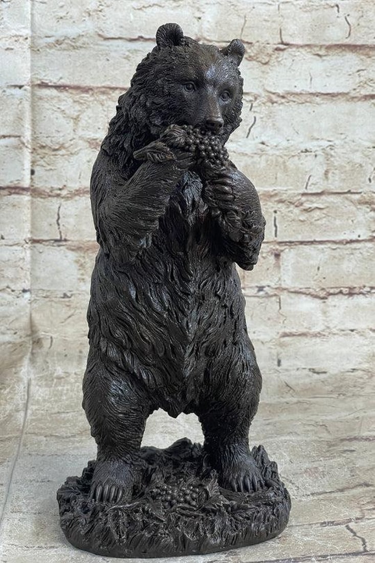 Gourmet Grizzly Hungry Bear Feasting on Grapes Signed Original Bronze Art Sculpture - 12" x 6": Gourmet Grizzly Hungry Bear Feasting on Grapes Signed Original Bronze Art Sculpture - 12" x 6" Embark on a delightful journey with our "Gourmet Grizzly Hungry Bear Feasting on Grapes Signe