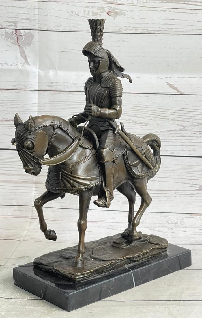 Bold Medieval Knight Original Bronze Statue - 12" x 8": Bold Medieval Knight Original Bronze Statue - 12" x 8" This striking bronze statue represents a bold medieval knight, fully armored and mounted on a majestic horse. The knight’s armor is ric
