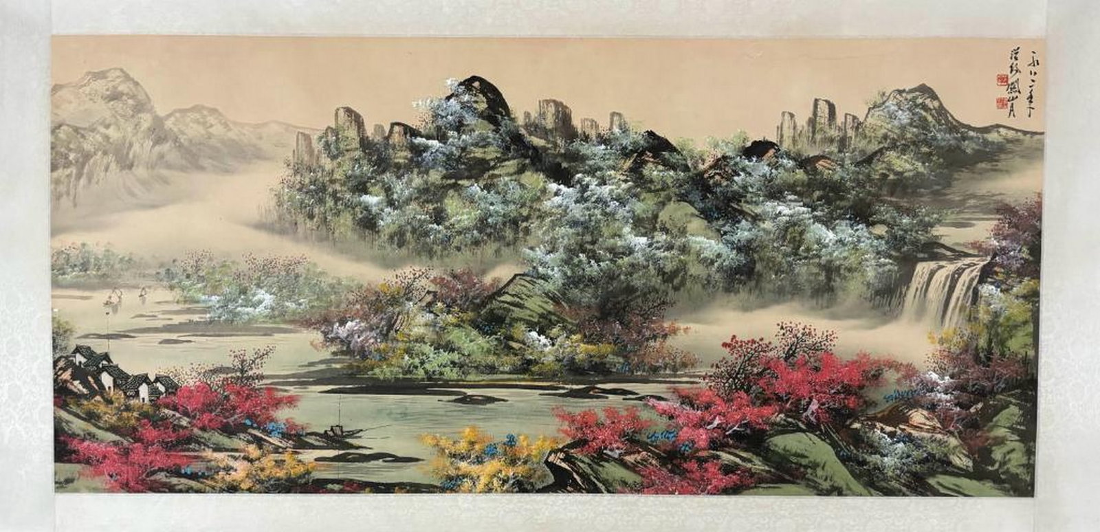 Inspired Chinese Brush Handpainting on Paper Bearing the Mark of Guan Shanyue: Inspired Chinese Brush Handpainting on Paper Bearing the Mark of Guan Shanyue This serene Chinese brush painting captures a verdant landscape with flowing waterfall, blooming flowers, and
