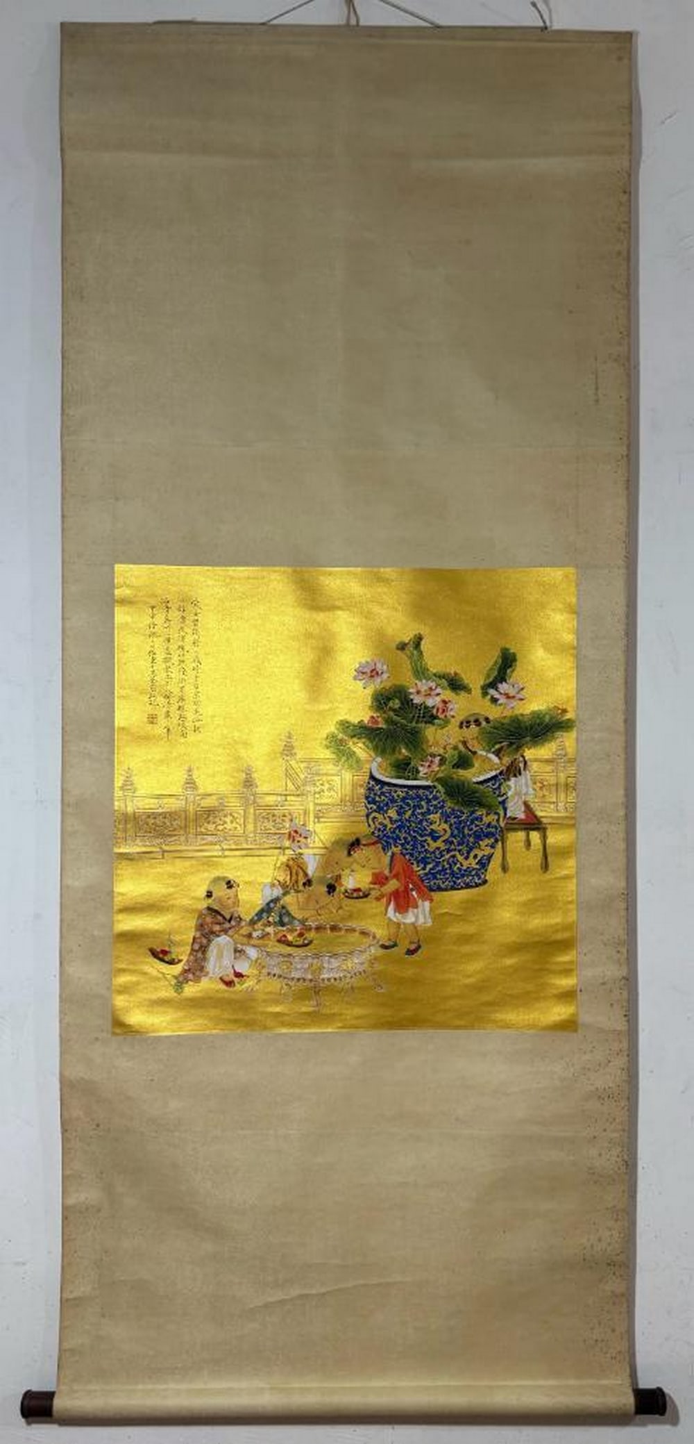 Inspired Chinese Brush Handpainting on Paper Scroll Bearing the Mark of Ren Zhong: Inspired Chinese Brush Handpainting on Paper Scroll Bearing the Mark of Ren Zhong This refined Chinese brush painting presents a cultured scene of scholarly leisure, with figures engaged in