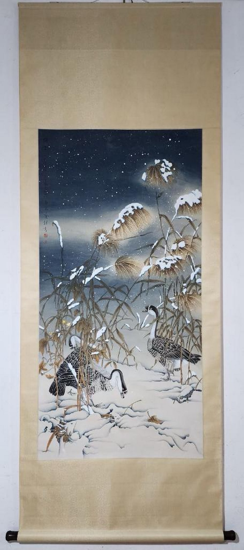 Inspired Chinese Brush Handpainting on Paper Scroll Bearing the Mark of Yu Jigao: Inspired Chinese Brush Handpainting on Paper Scroll Bearing the Mark of Yu Jigao This refined Chinese brush painting captures a tranquil winter landscape, where cranes stand and soar among